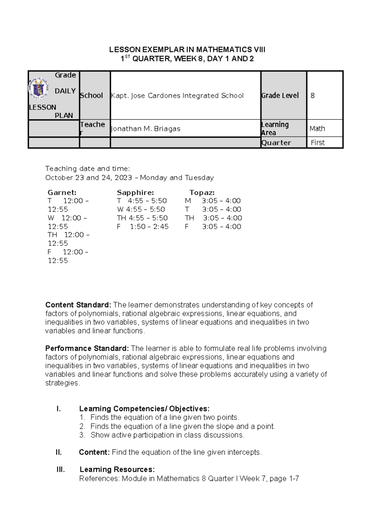 DLP MATH 8 Q1 W8 Lesson Plan Overview (Oct 23 - 27, 2023) - Studocu