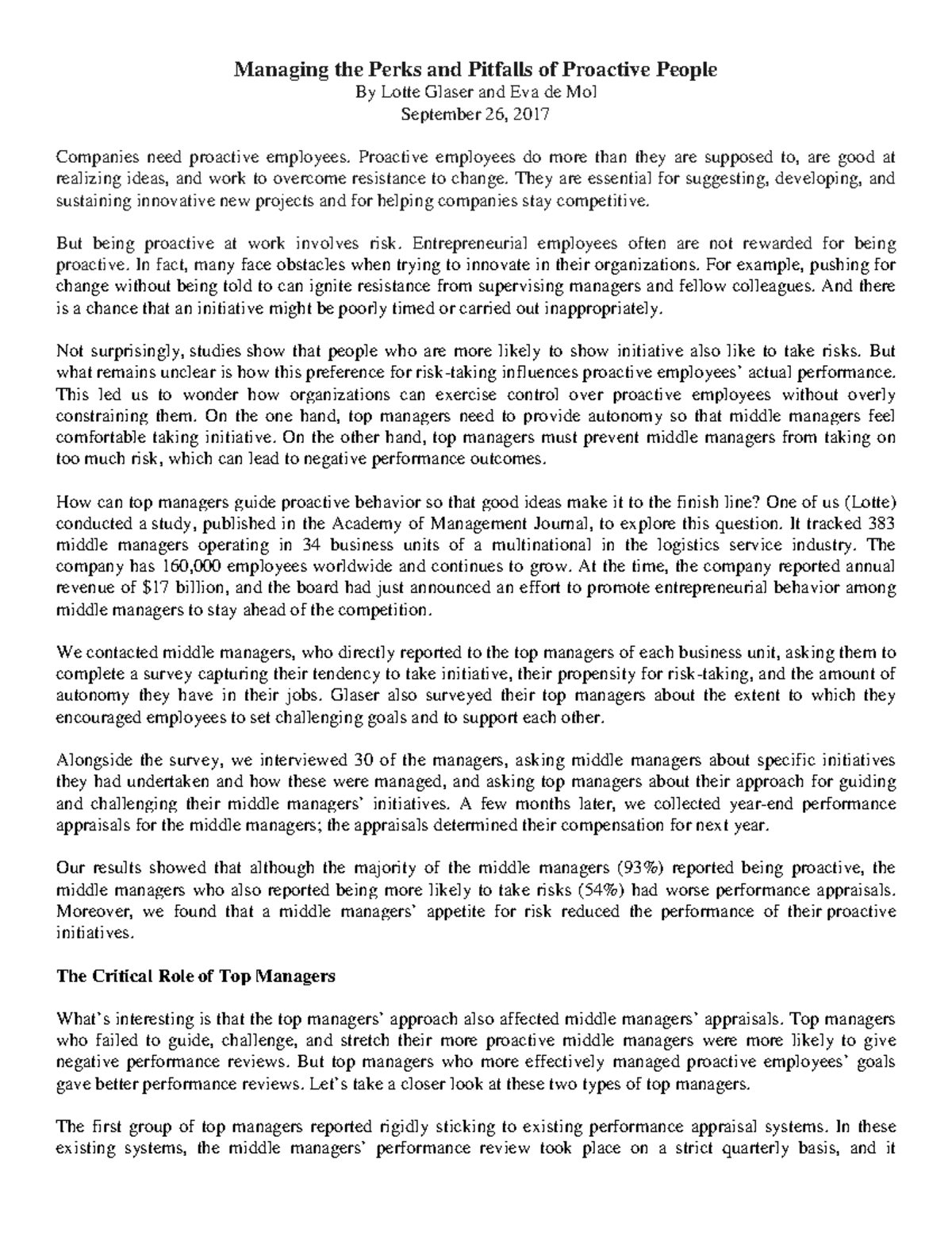 Article - Managing Proactive Employees: Perks & Pitfalls - Studocu