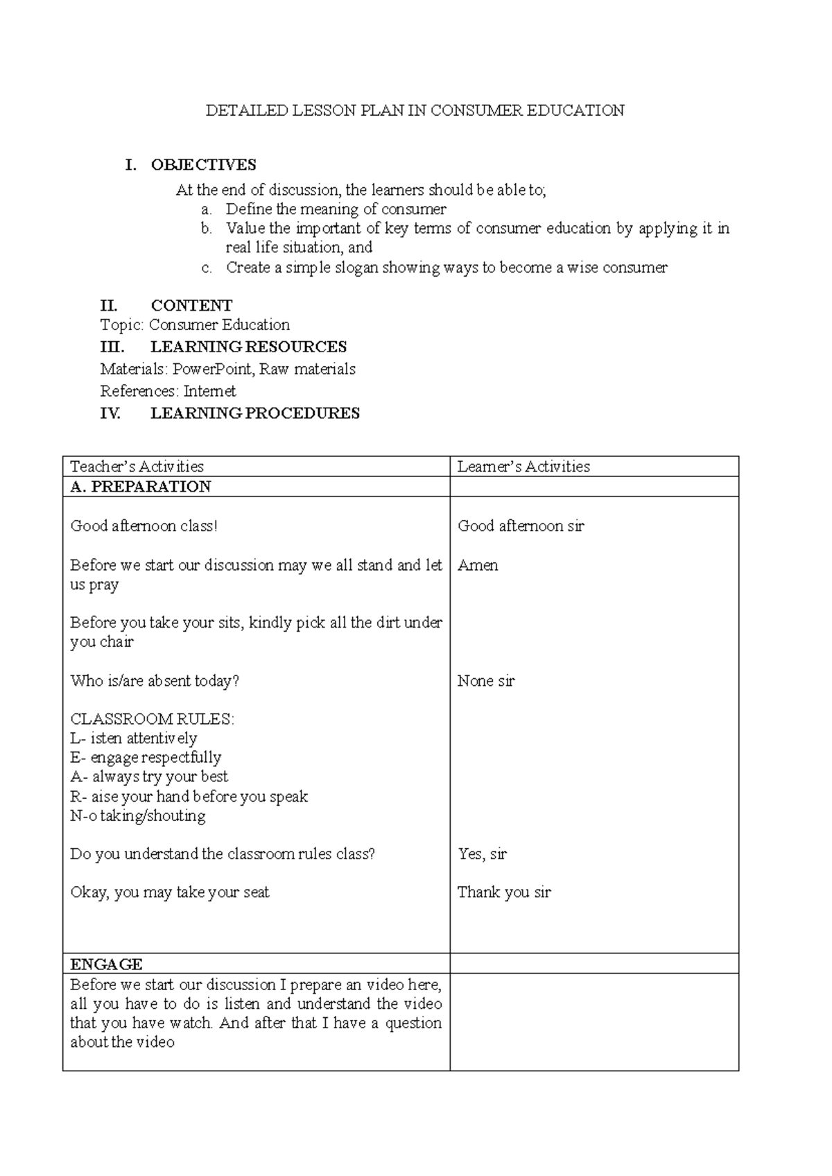 Detailed Lesson Plan: Consumer Education I (DLP-CE I) - Studocu