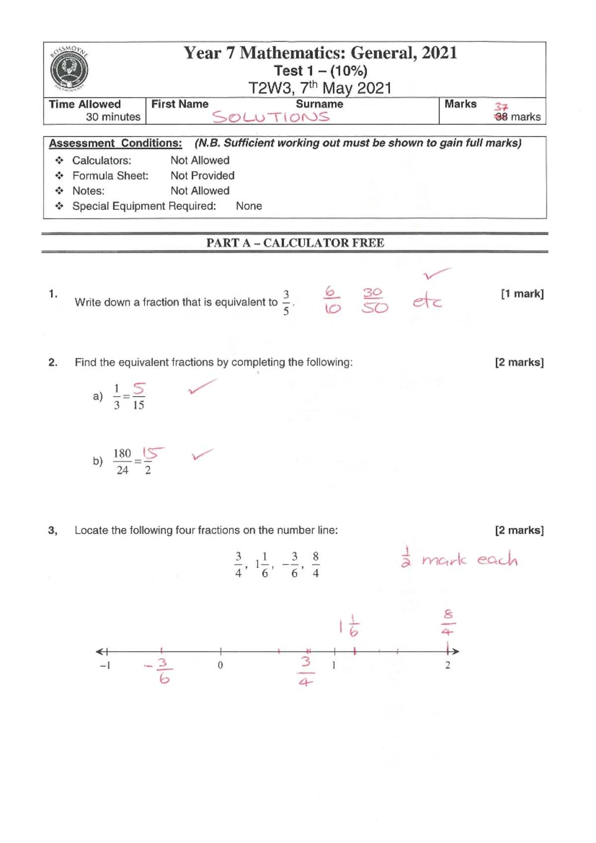2023 7MA Test 2 - Fractions Assessment and Solutions - Studocu