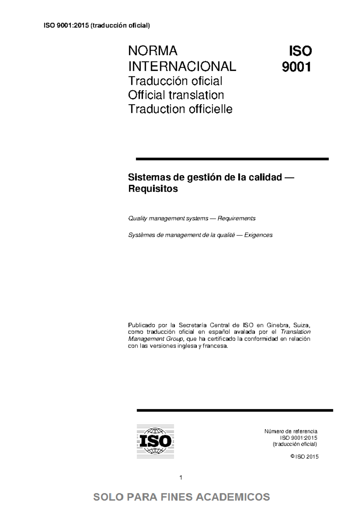 ISO 9001:2015 - Traducción Oficial de la Norma Internacional - Studocu
