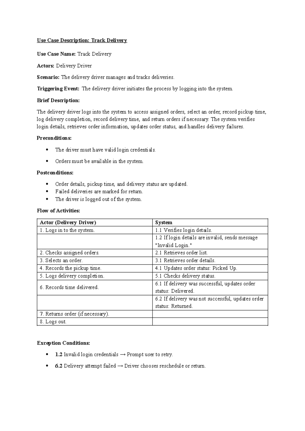 Use Case Description. Track Delivery - Triggering Event: The delivery ...