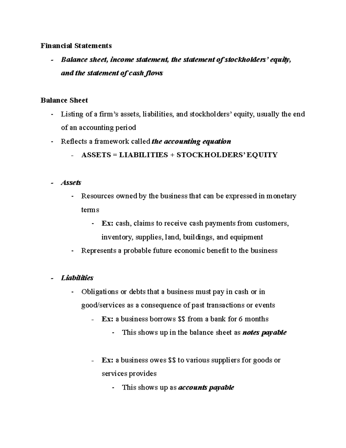 Chapter 1 Notes - Financial Statements - Balance sheet, income ...