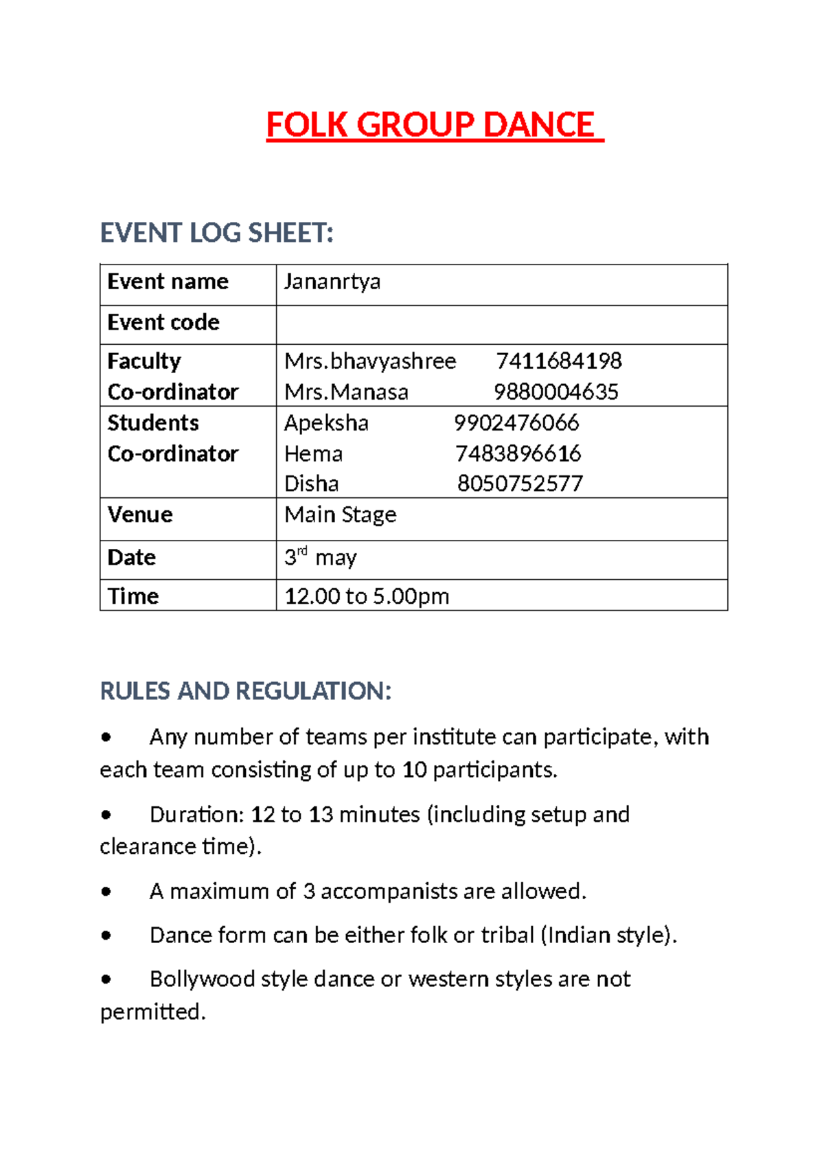 FOLK Group Dance Event Log Sheet - Jananrtya 2023 - Studocu
