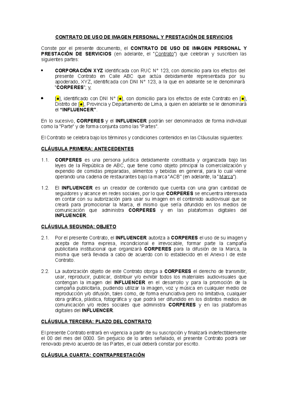 Contrato de Uso de Imagen Personal y Servicios - CORP XYZ - Document Preview