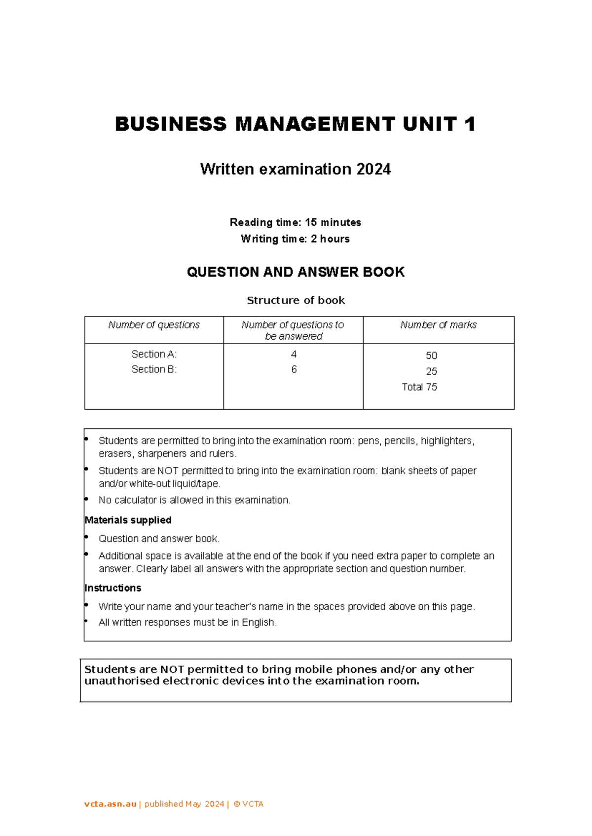 BUSINESS MANAGEMENT UNIT 1 Written Exam 2024: Questions & Answers - Studocu