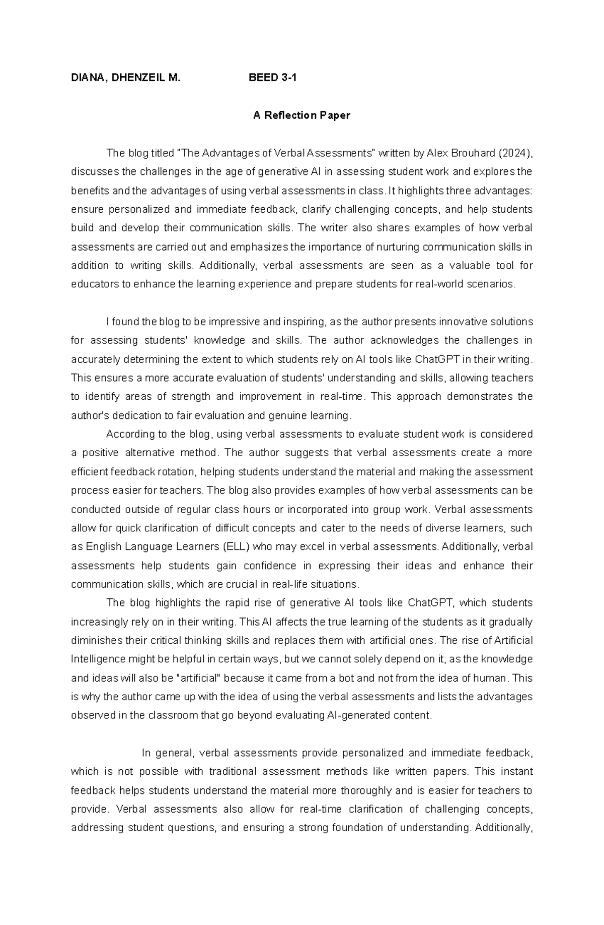 Reflective Journal - DIANA, DHENZEIL M. BEED 3- A Reflection Paper The ...