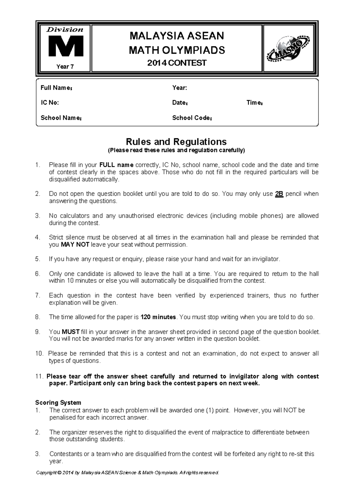 Division M Year 7 ASMO 2014 Math Olympiad Contest Rules & Questions ...