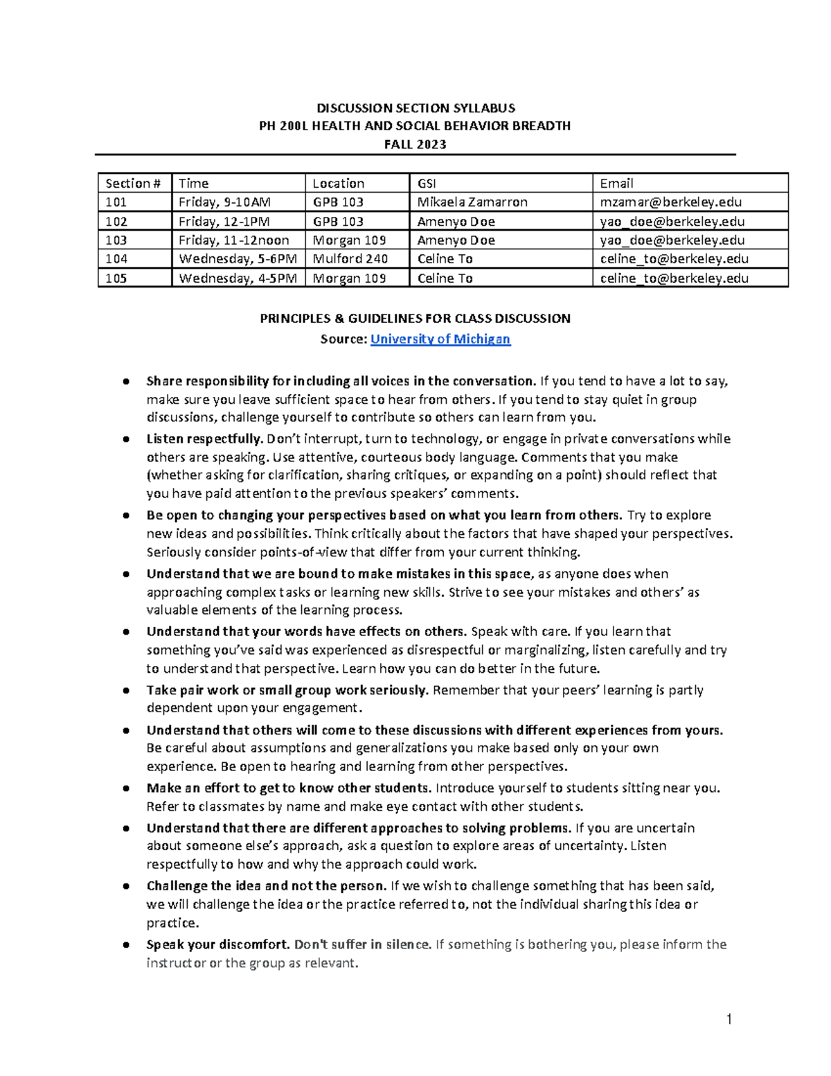 PH 200L Discussion Section Syllabus: Health & Social Behavior Fall 2023 ...