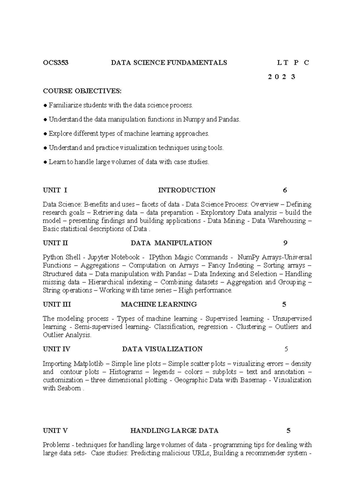 OCS353 Data Science Fundamentals Syllabus and Course Outline - Studocu