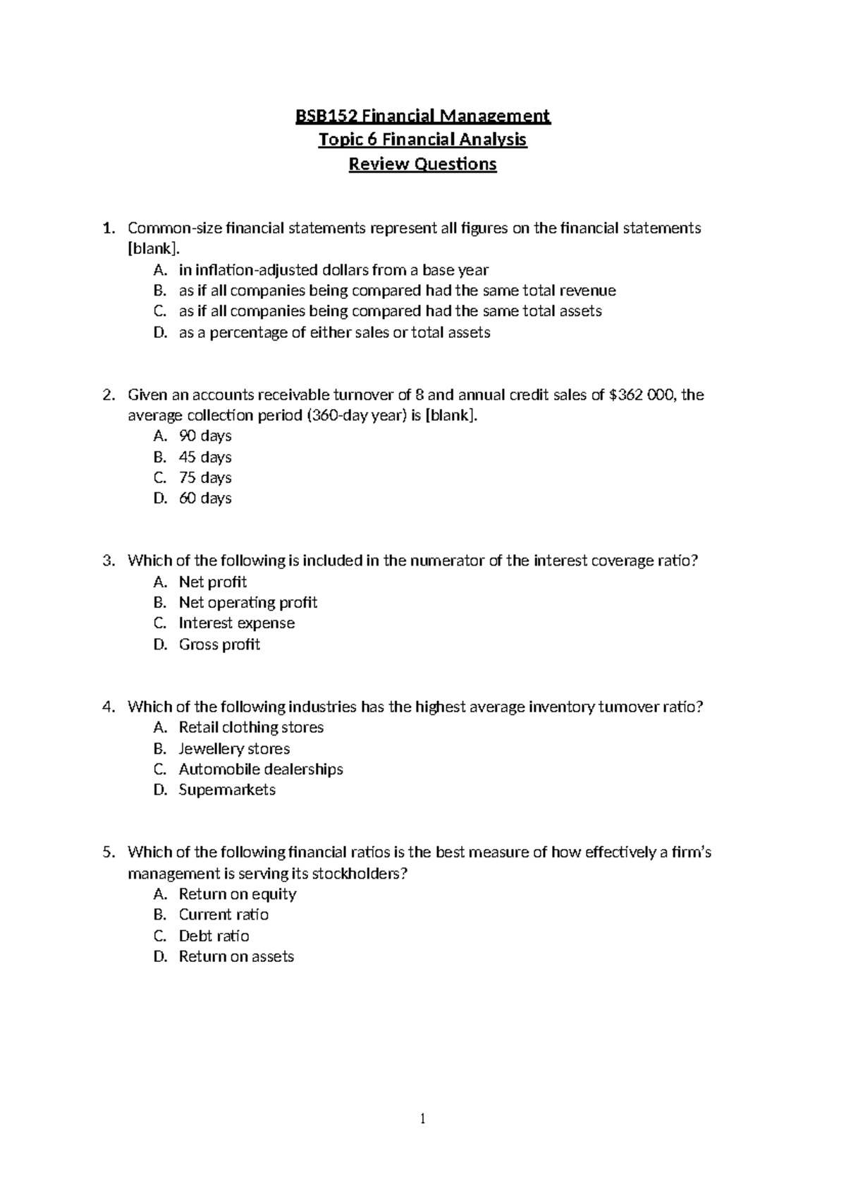 BSB152 Financial Management - Topic 6 Review Questions on Financial ...