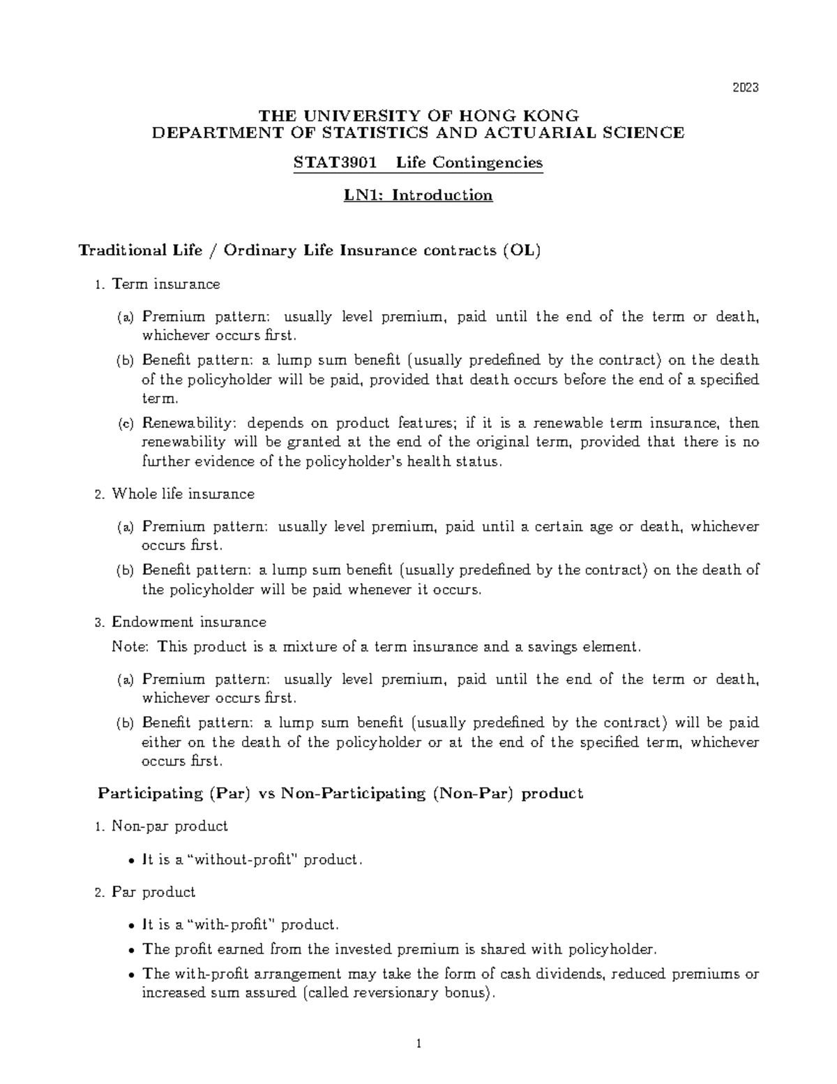 STAT3901 Life Contingencies LN1: Overview of Insurance Products - Studocu