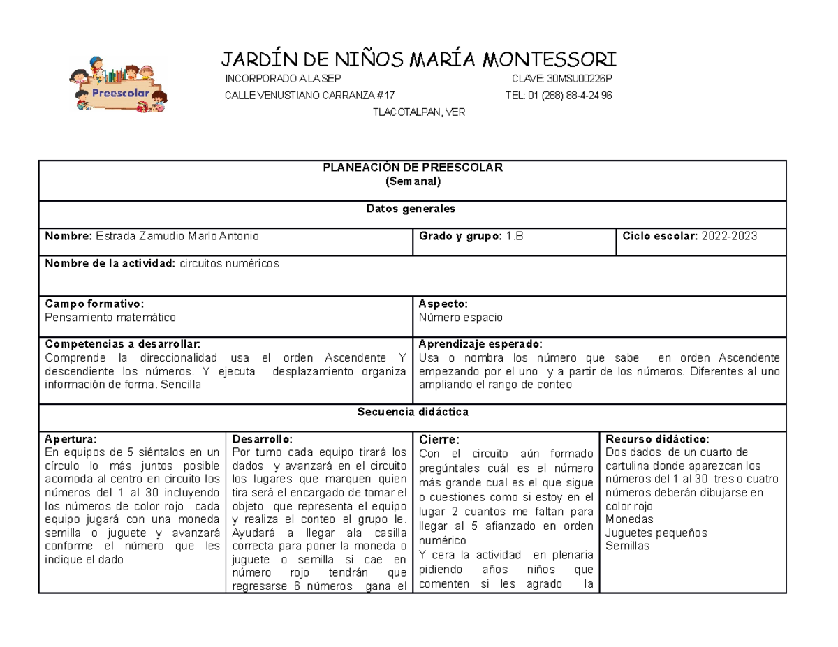 Formato para planeacion de preescolar - JARDÍN DE NIÑOS MARÍA