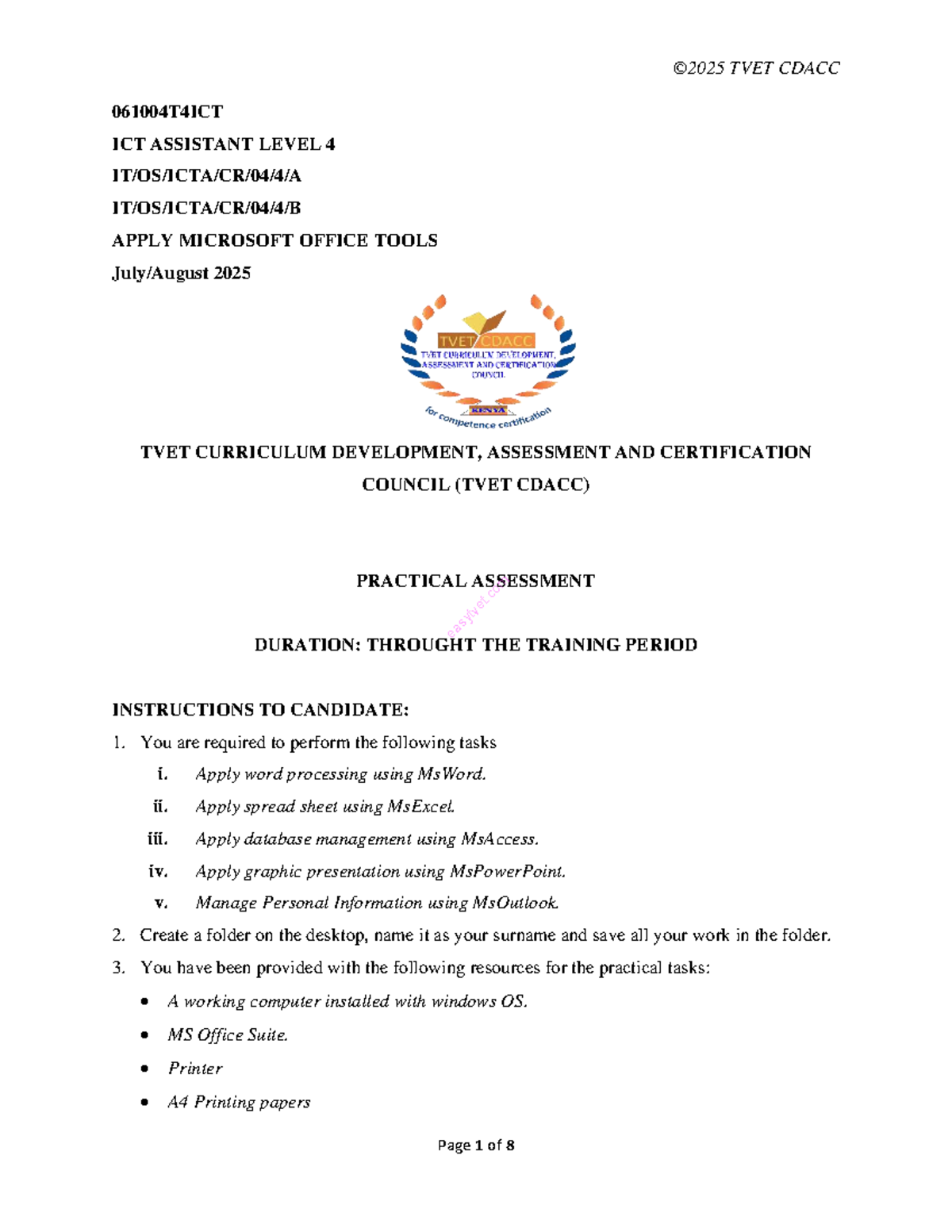 TVET CDACC 061004T4ICT ICT Assistant Level 4 Practical Assessment Guide ...