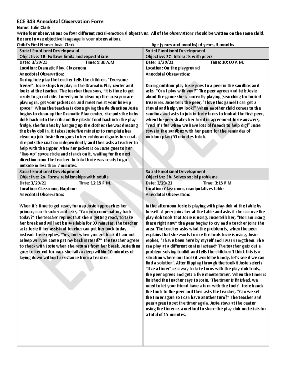 Anecdotal Observations for ECE 343 - Social-Emotional Development - Studocu