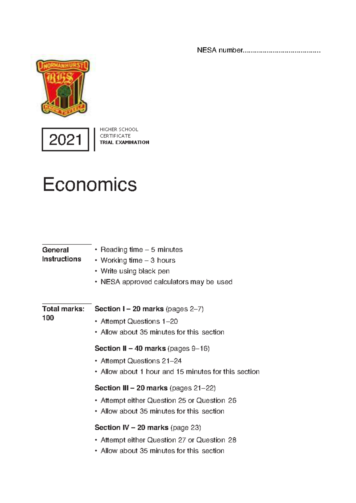 2021 HSC Trial Exam Economics - Normanhurst Boys - Studocu