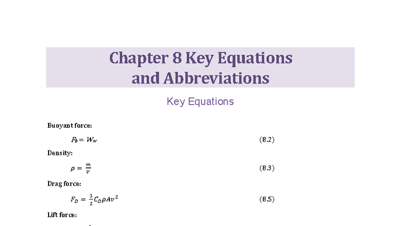 KINE 202 Chapter 8 Key Equations & Abbreviations - Studocu