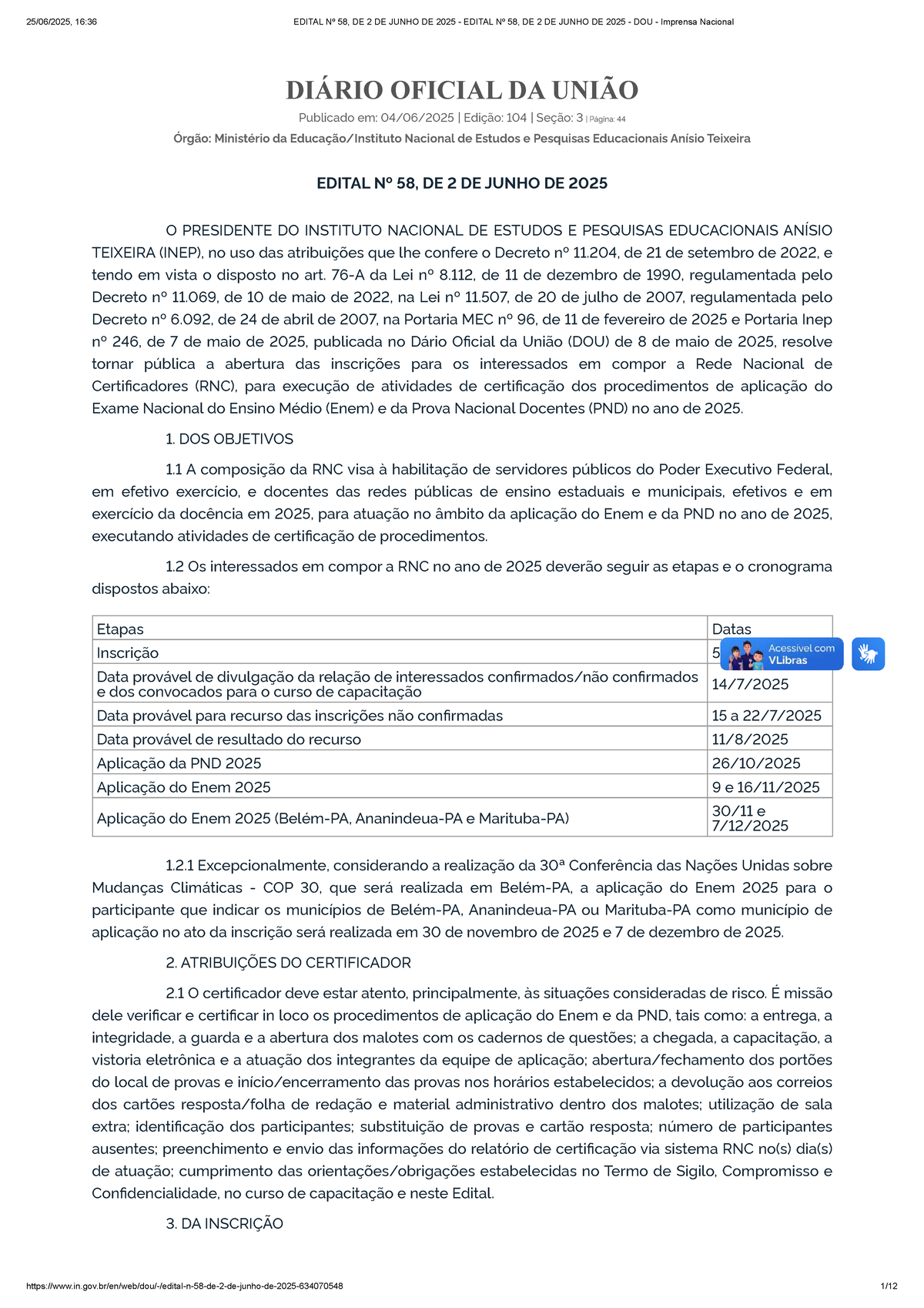 Edital RNC Nº 58/2025: Inscrições para Certificadores do Enem e PND ...