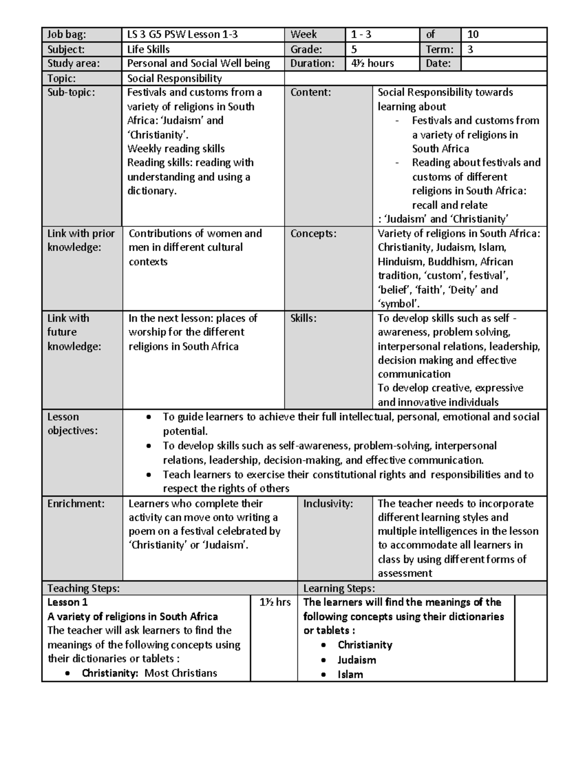 LS3 G5 PSW Lesson: Life Skills & Environmental Responsibility - Studocu