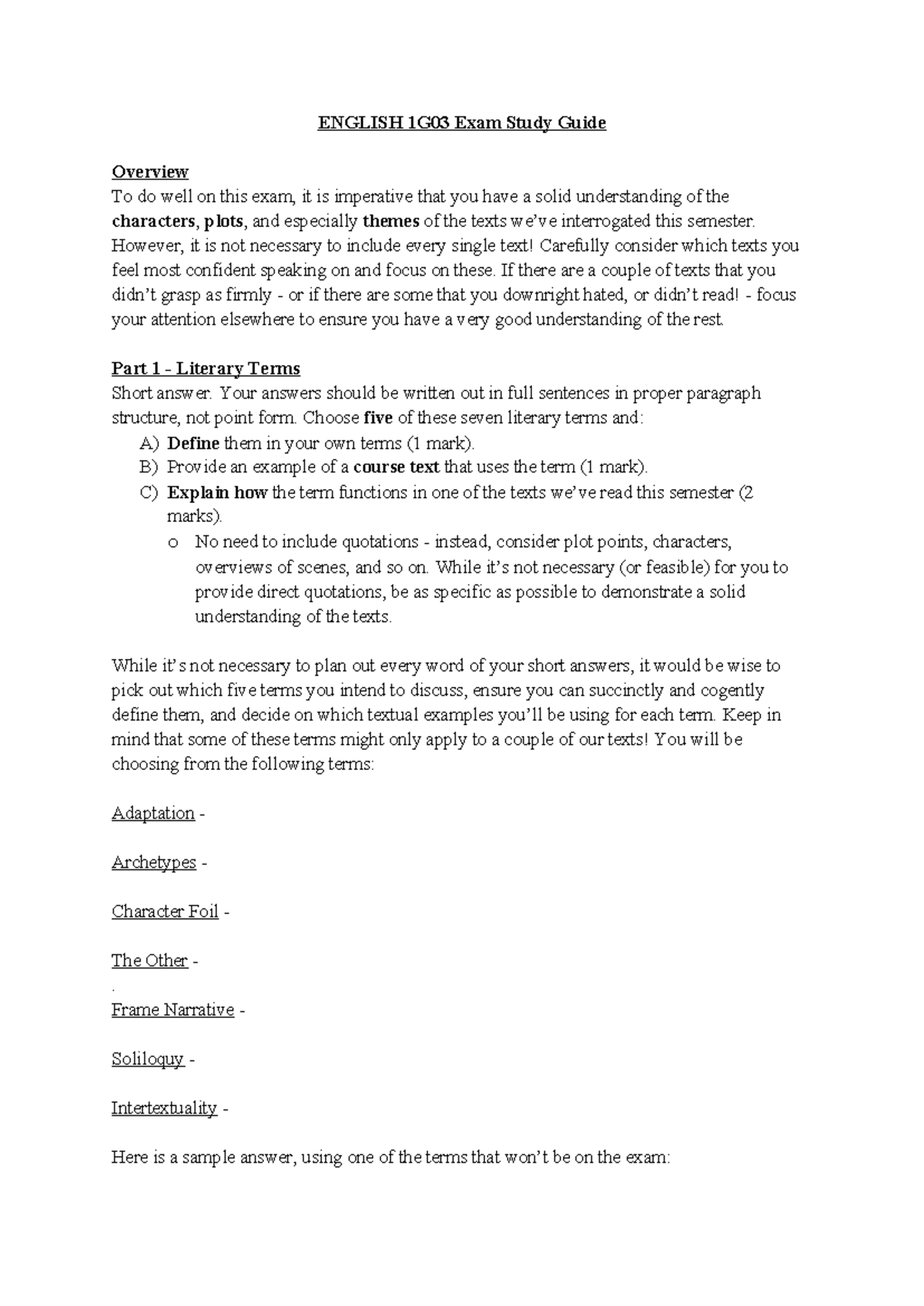 ENG 1G03 Final Exam Study Guide: Key Literary Terms & Themes - Studocu