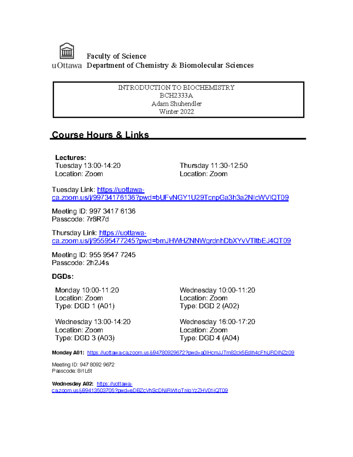 BCH2333A Winter 2022 Biochemistry Course Syllabus & Schedule - Studocu