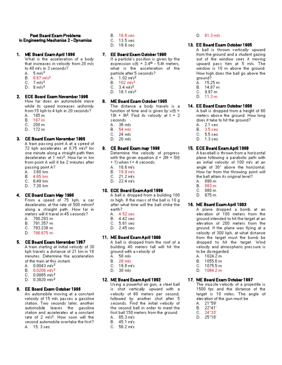 Past Board Exam Problems in Dynamics 2 (ME, CE, ECE) - Studocu