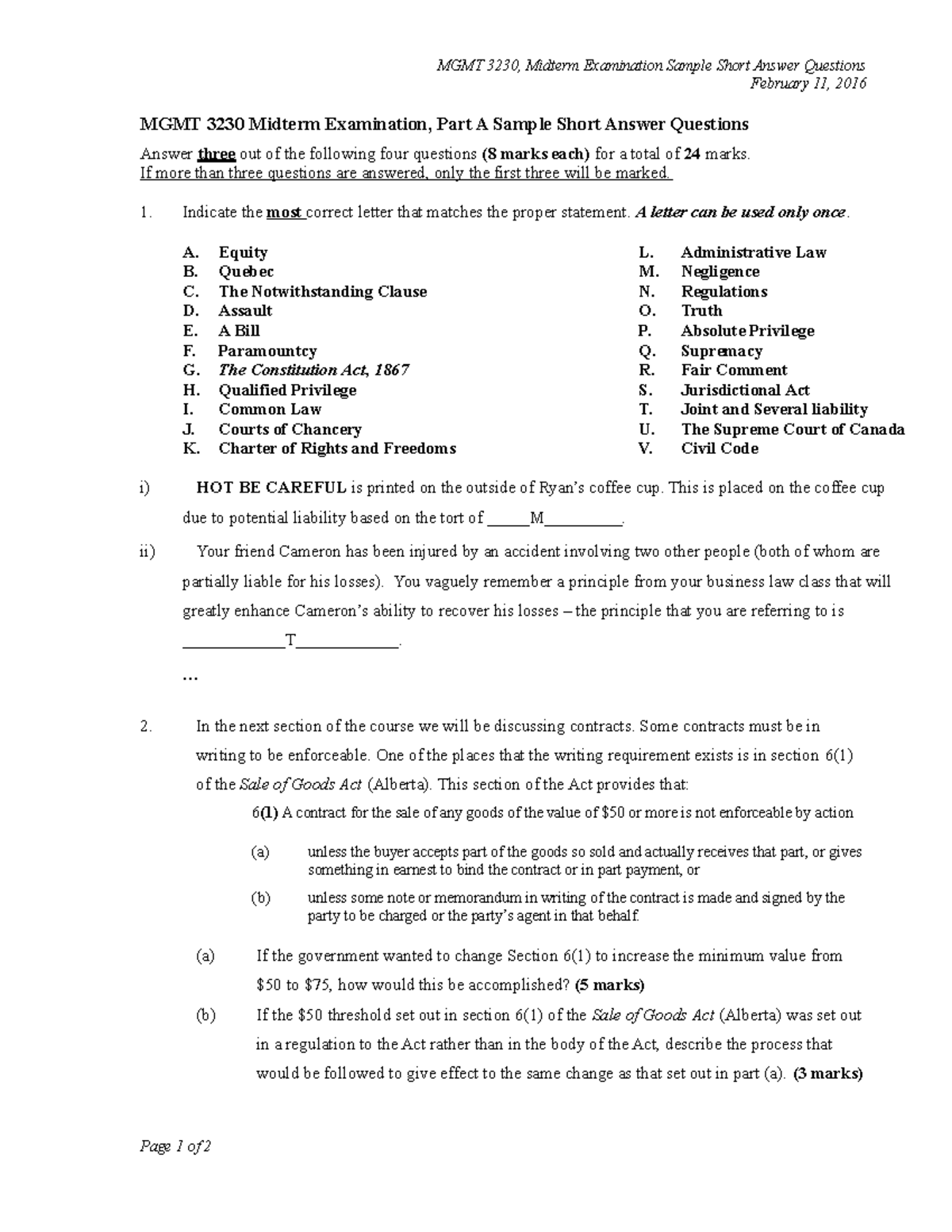 Exam 1 April 2018, questions and answers - MGMT 3230, Midterm ...