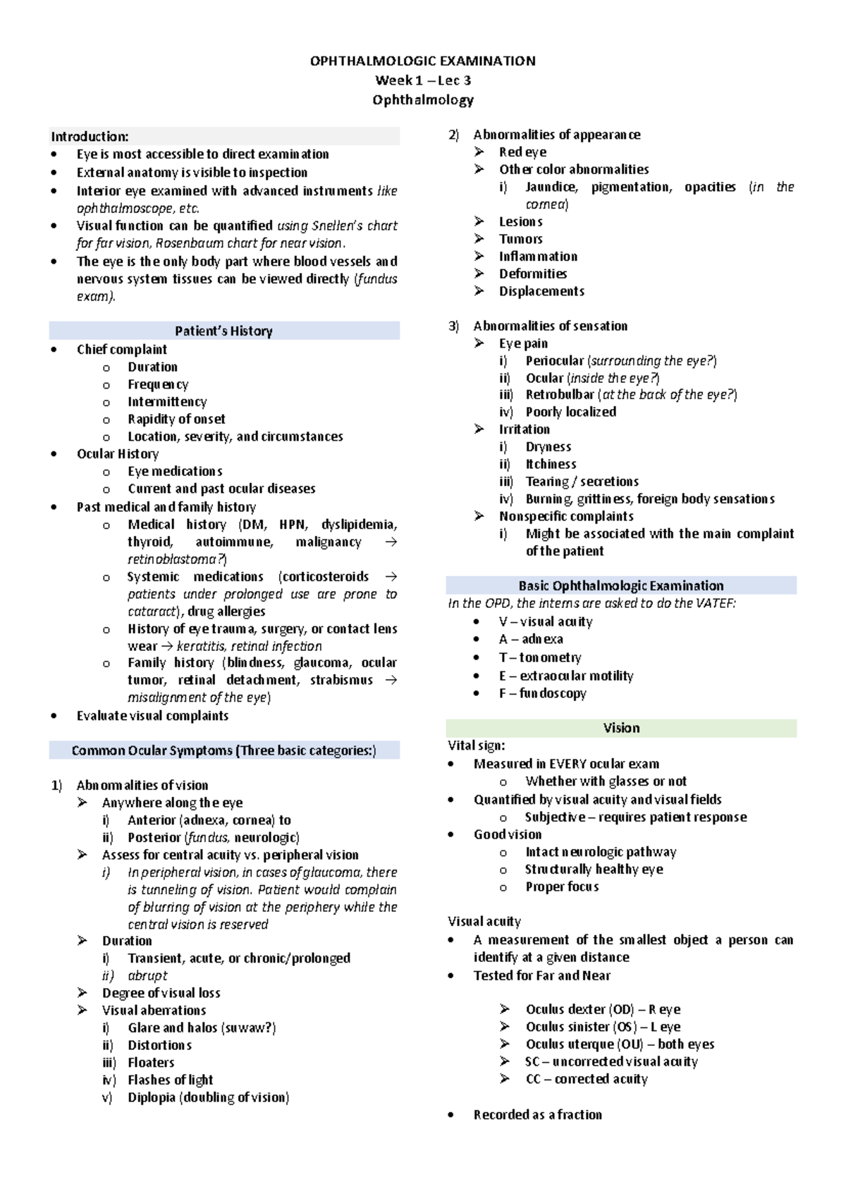 Anatomy of Eye Examination - OPHTHALMOLOGIC EXAMINATION Week 1 – Lec 3 ...