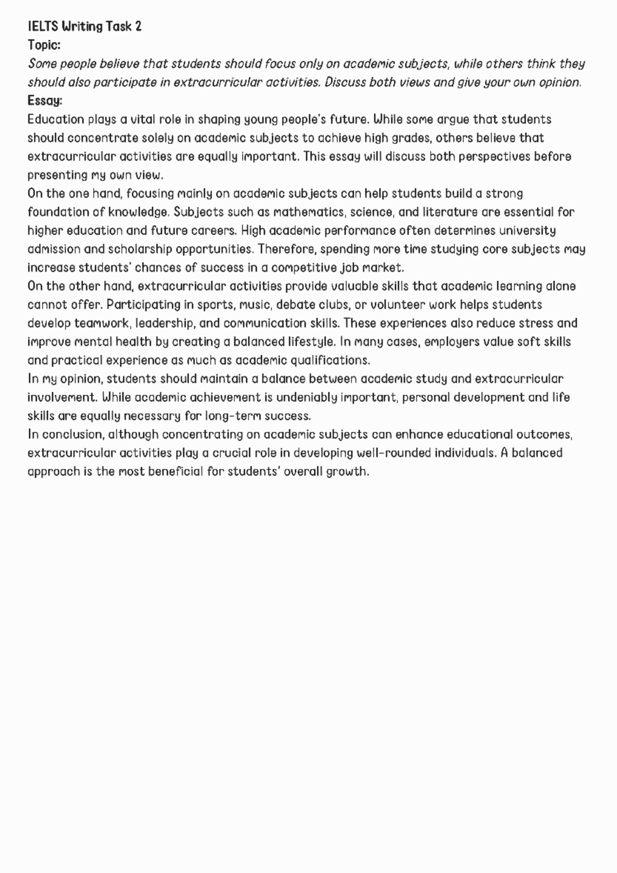 W3 - IELTS Writing Task 2: Balancing Academics & Extracurriculars - Studocu