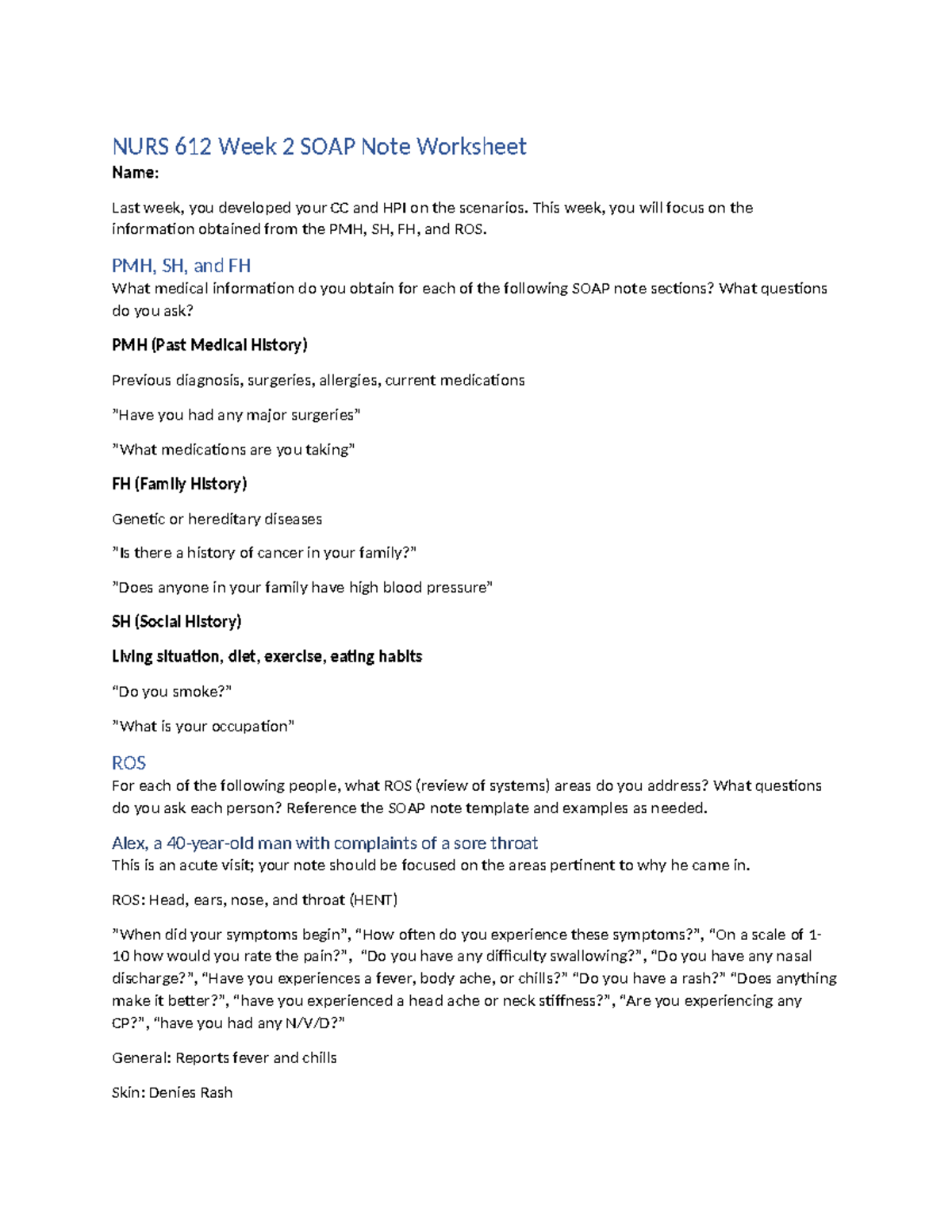NURS 612 Week 2 SOAP Note Worksheet: PMH, SH, FH, and ROS Analysis ...
