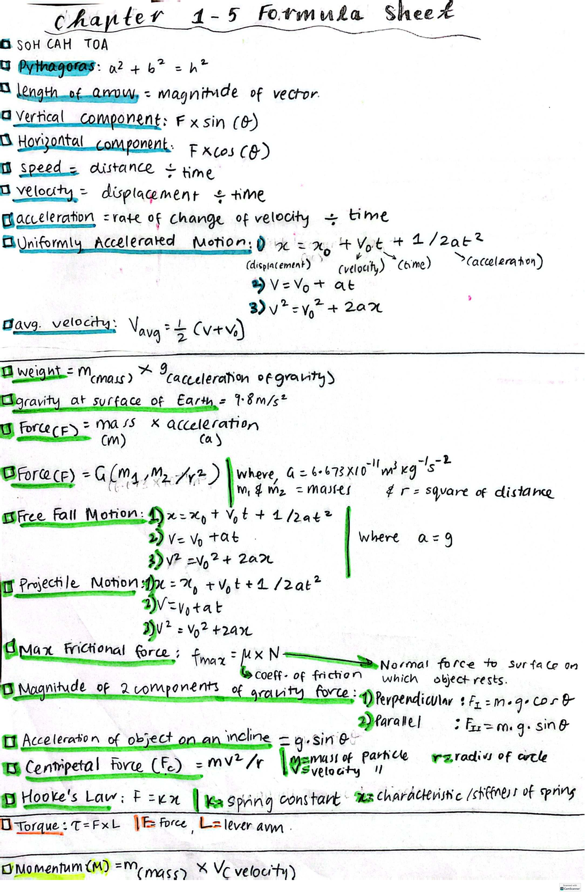 Chapter 1-5 Formula Sheet: SOH CAH TOA & Motion Equations - Studocu