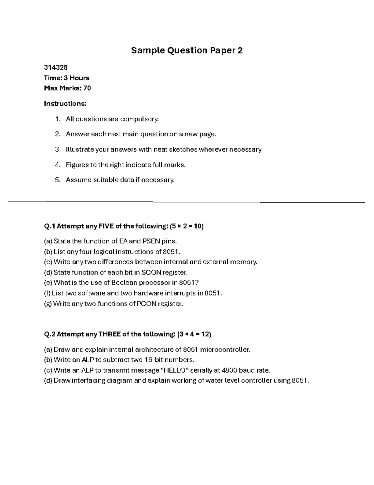 Sample Question Paper 2 (314328) for 8051 Microcontroller - 3 Hours ...