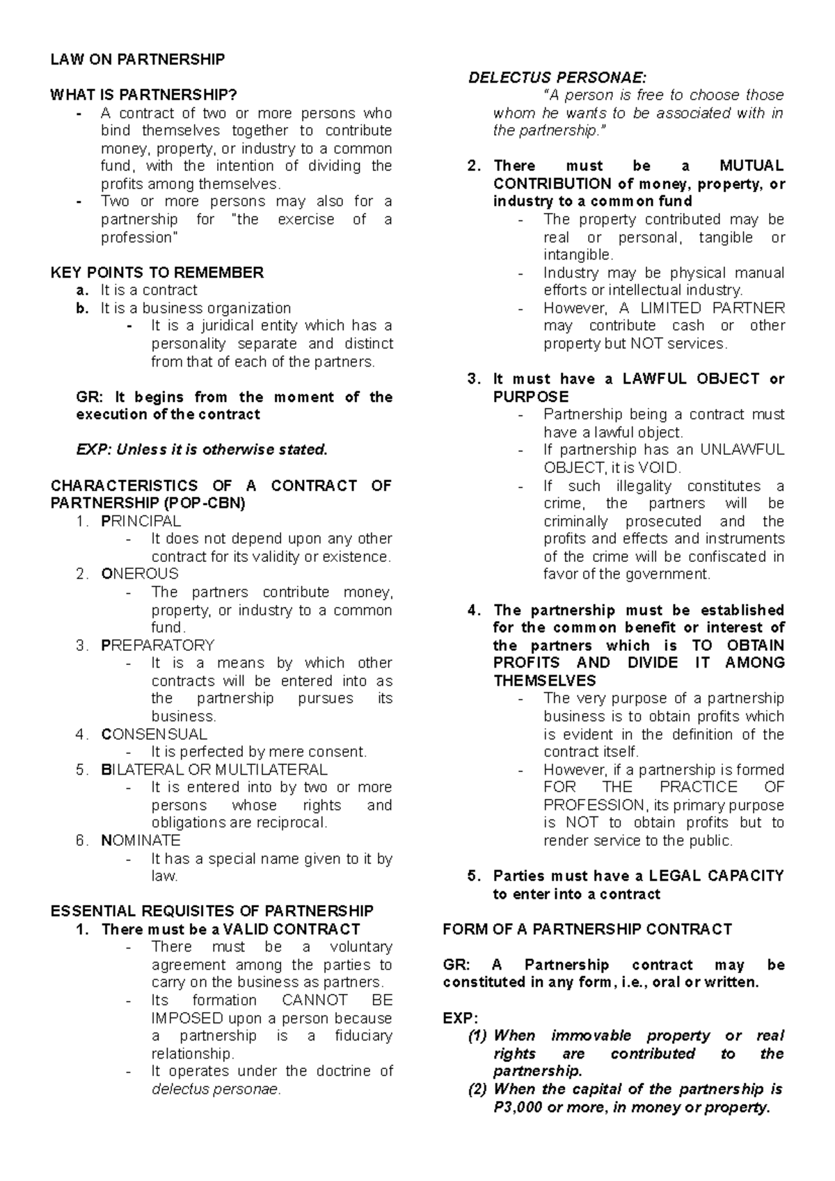 LAW 101: Comprehensive Partnership Law Reviewer & Key Concepts - Studocu