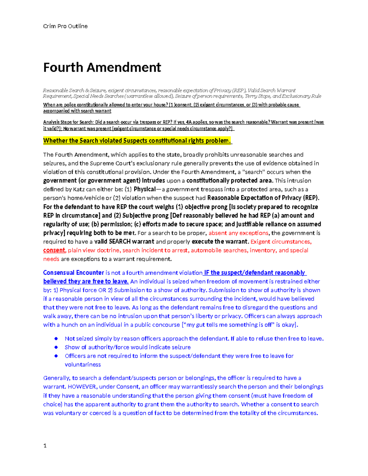 Crim Pro Outline: Fourth Amendment Search & Seizure Principles and ...