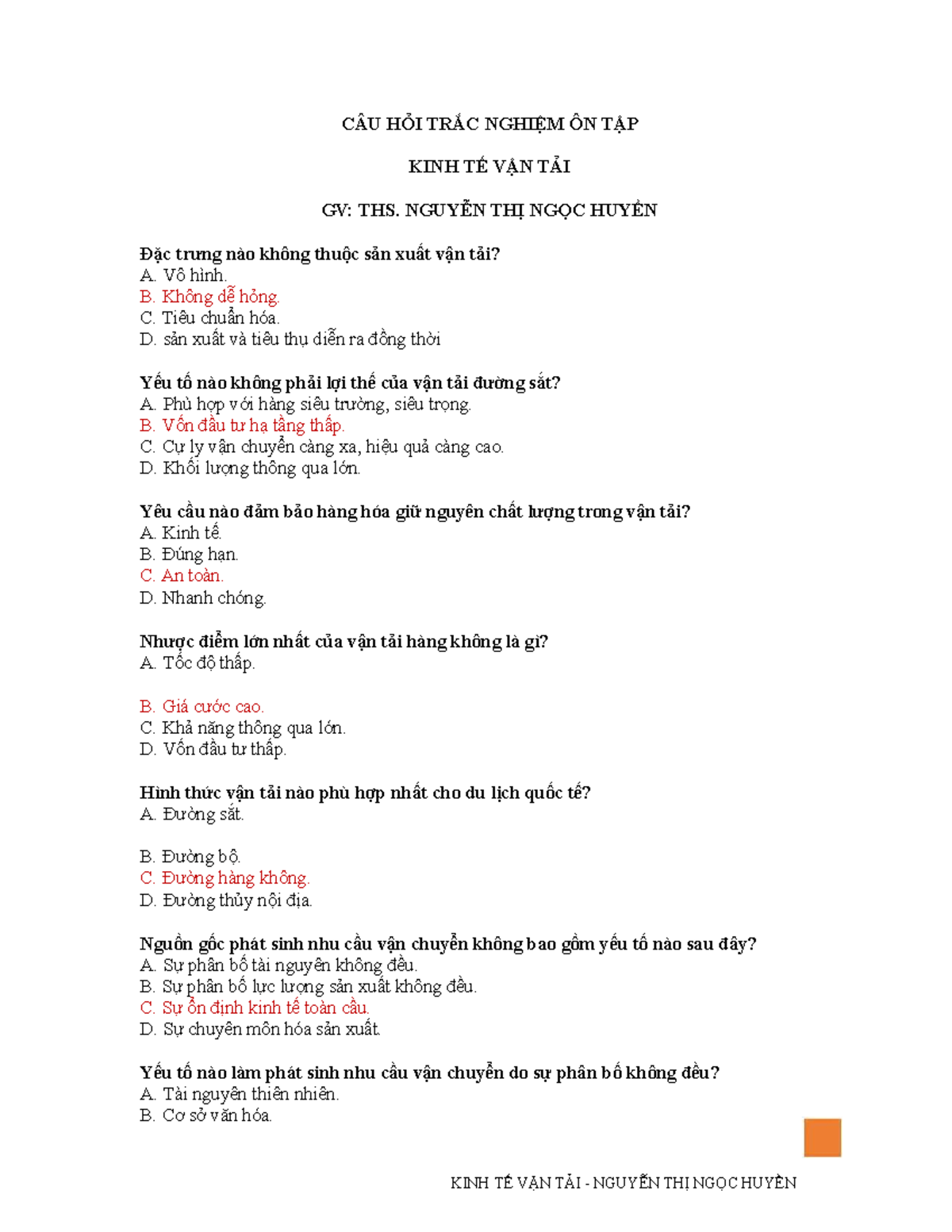 Câu hỏi trắc nghiệm Kinh tế Vận tải KINH TE VAN TAI - Ôn tập kiến thức - Document Preview