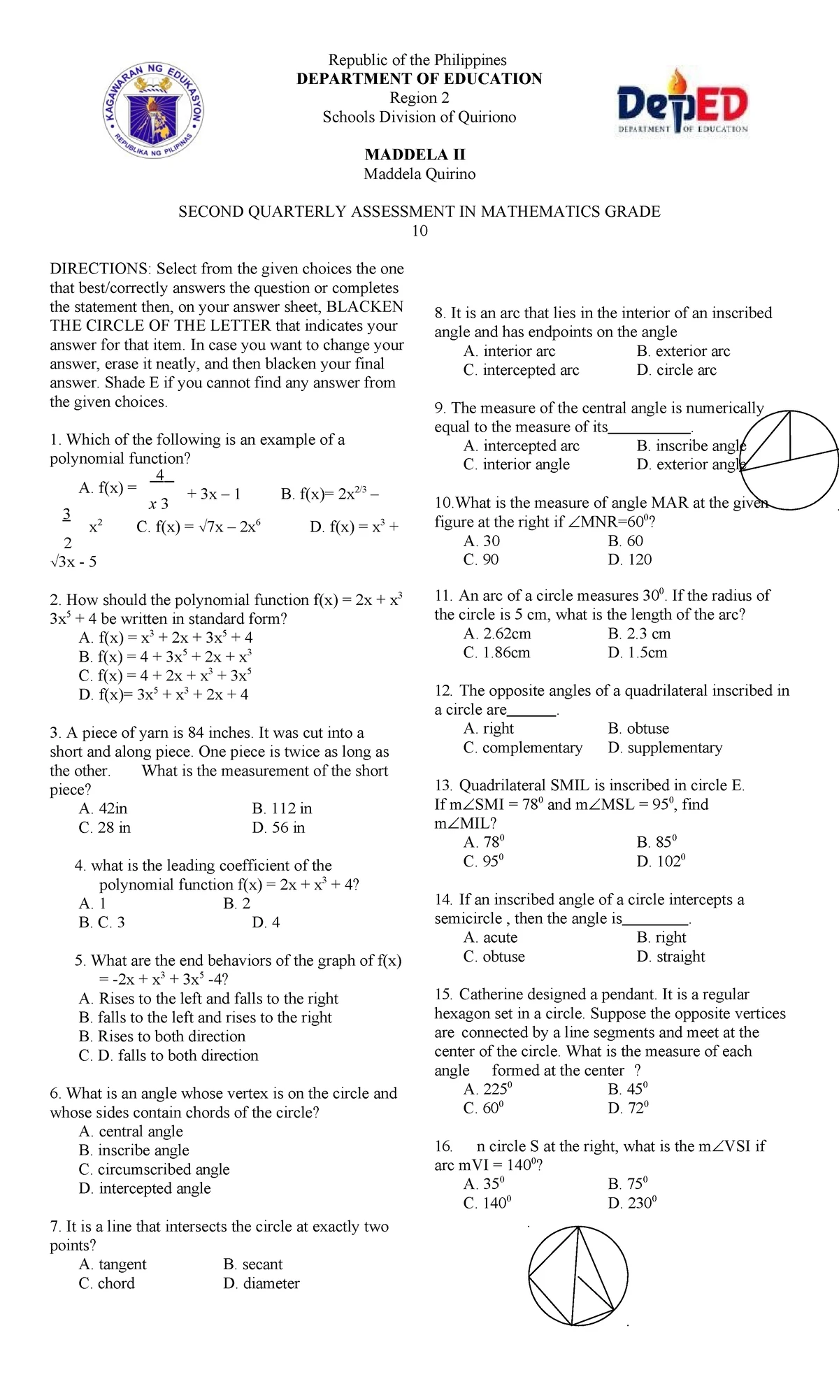 Grade 7 PAN Pre-Assessment: Numeracy and Literacy Skills Review - Studocu