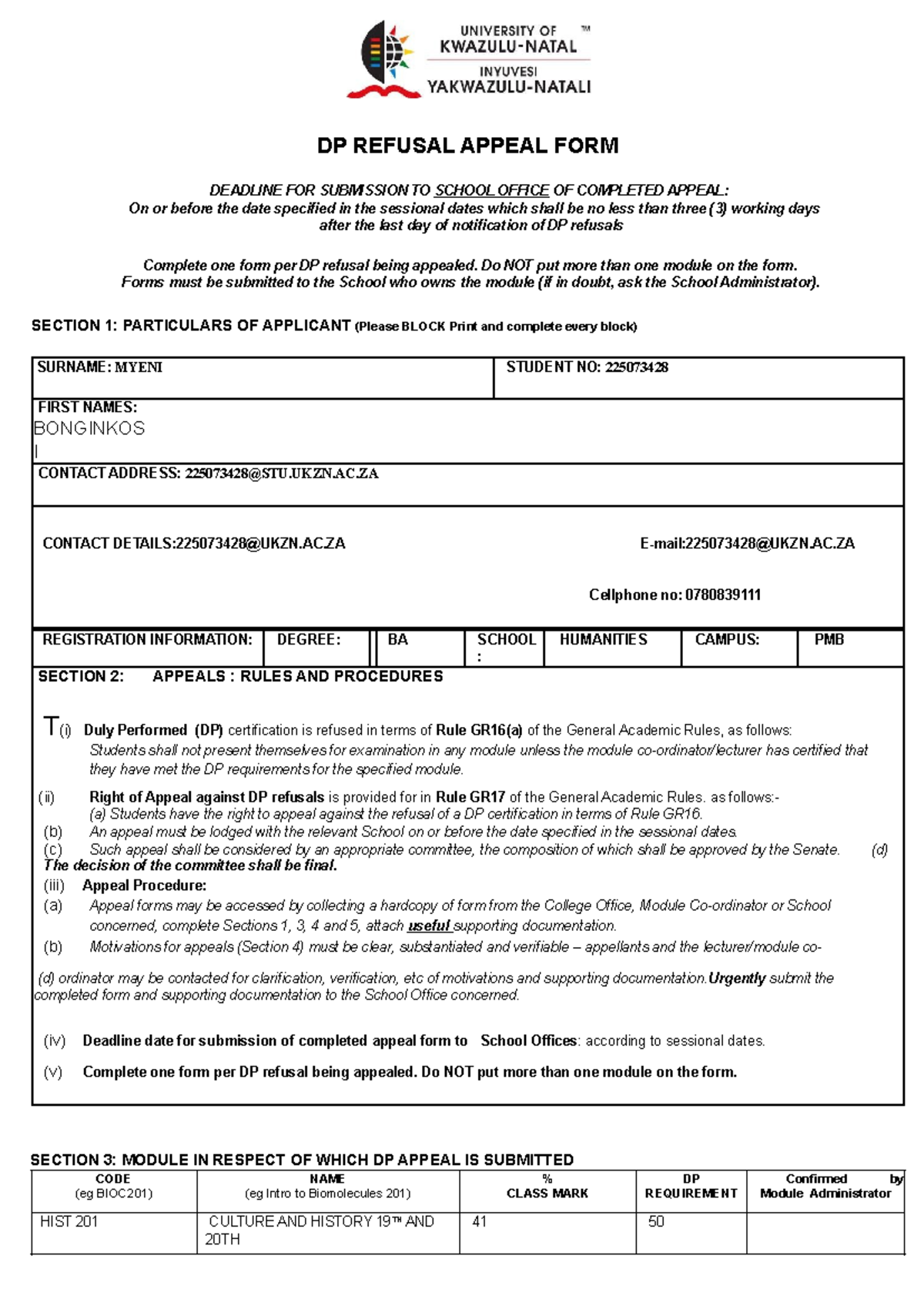 DP Refusal Appeal Form for HIST 201 Submission Guidelines - Studocu