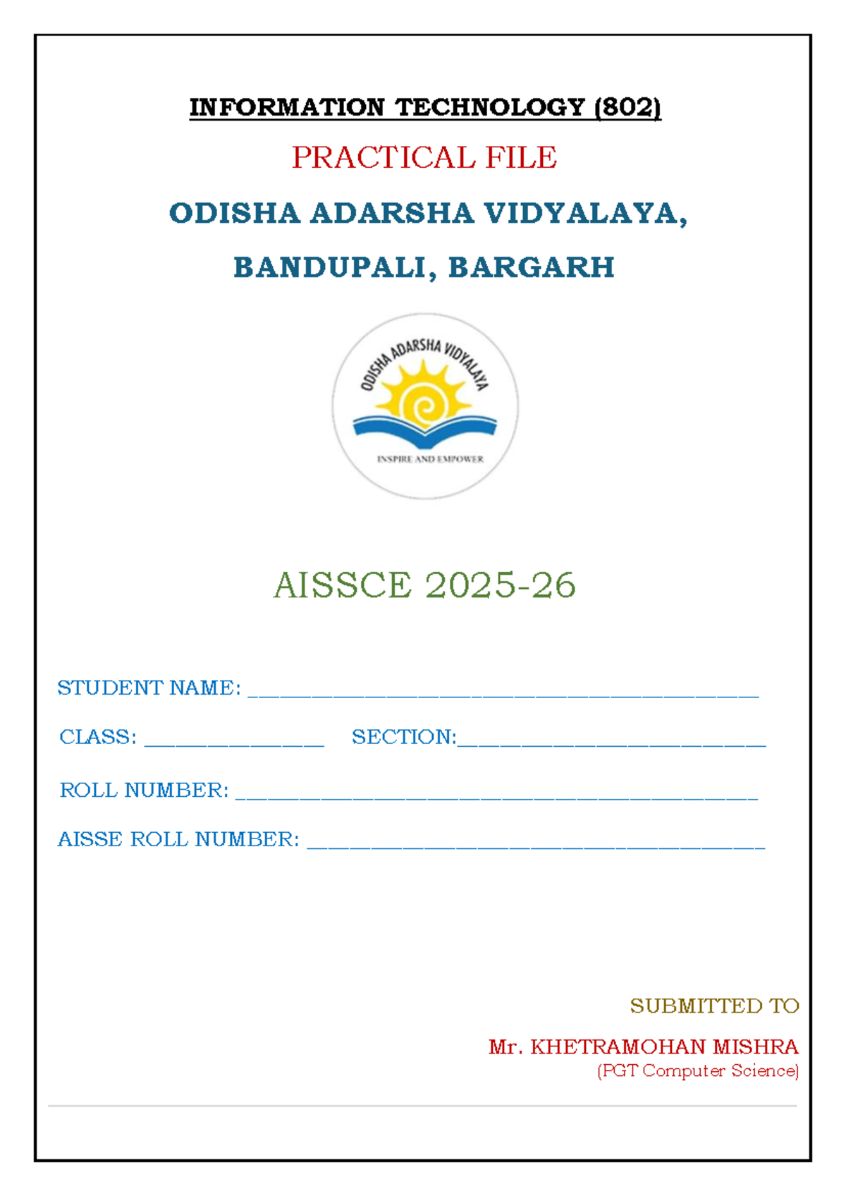 Class XII Information Technology (802) Practical File 2025-26 - Studocu