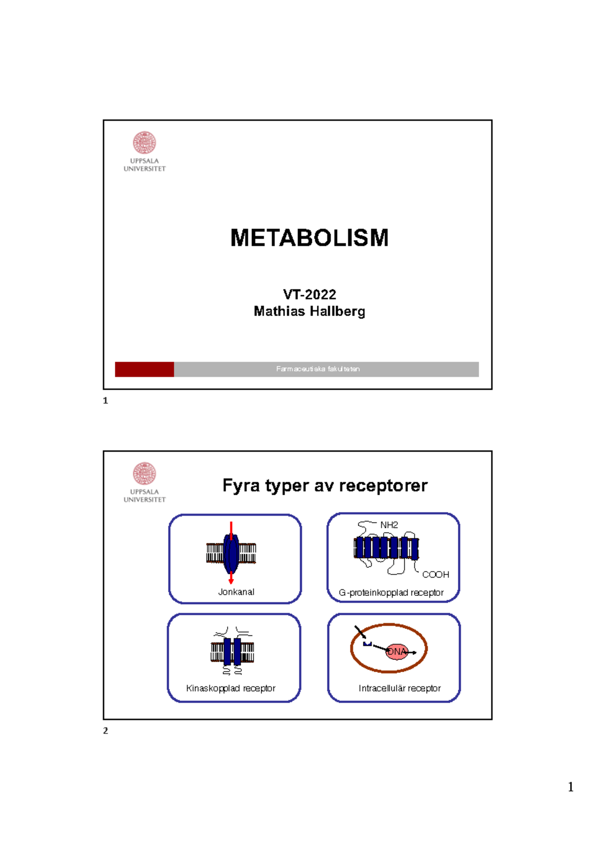 Metabolism VT22 - Föreläsning - Farmaceutiska fakulteten METABOLISM VT ...