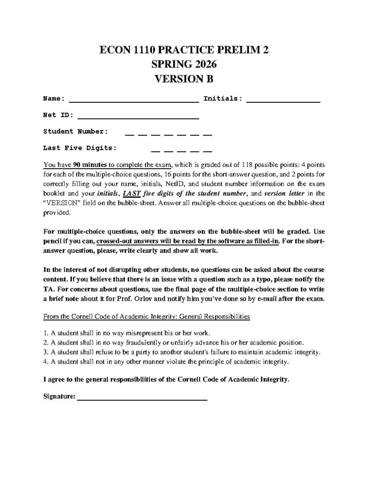 Econ 1110 Prelim 2 Spring 2026 Practice Exam Version B - Studocu