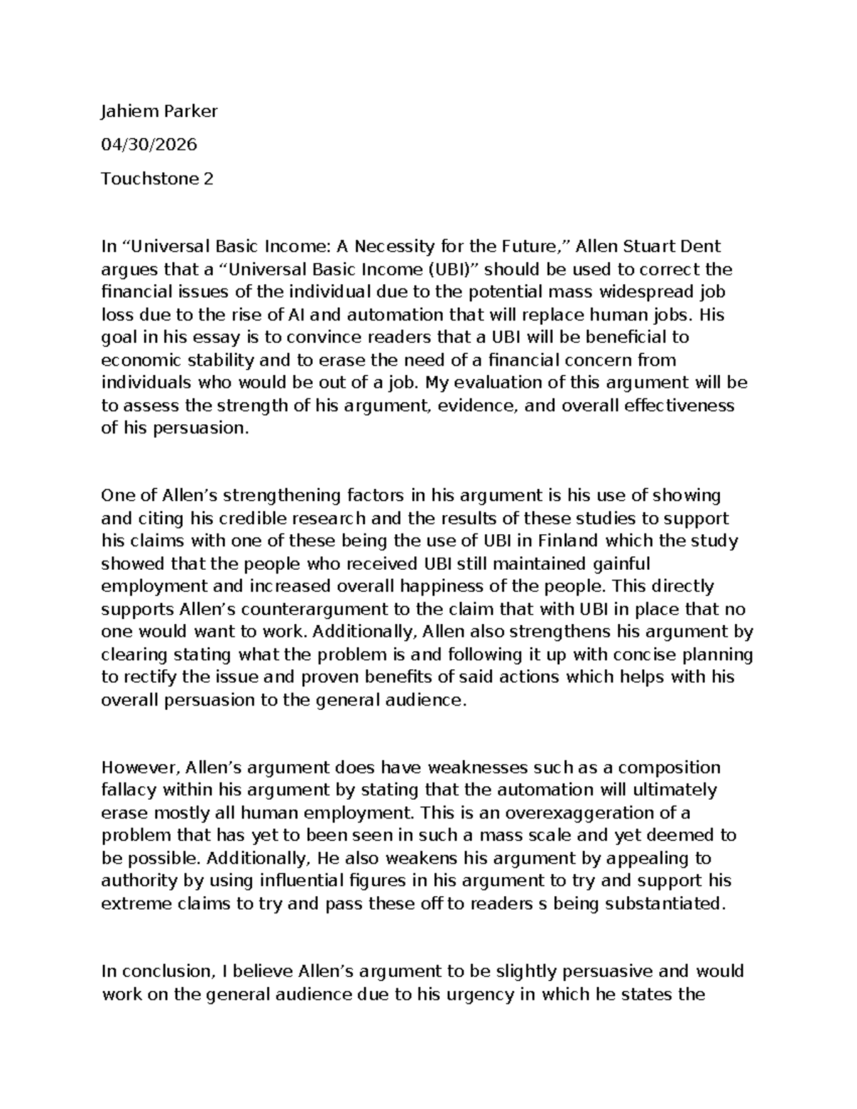 Touchstone 2 Essay: Evaluating Allen Stuart Dent's UBI Argument - Studocu