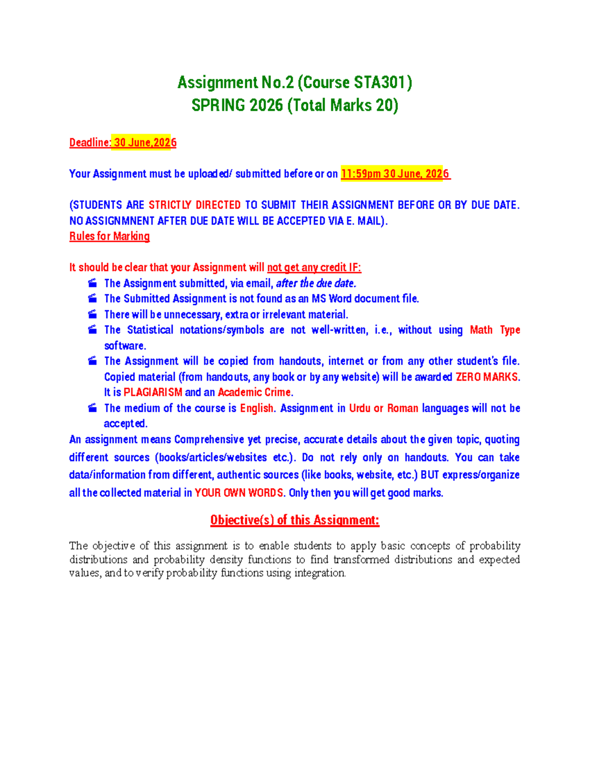 STA301 Assignment No.2 Guidelines - Spring 2026 (20 Marks) - Studocu