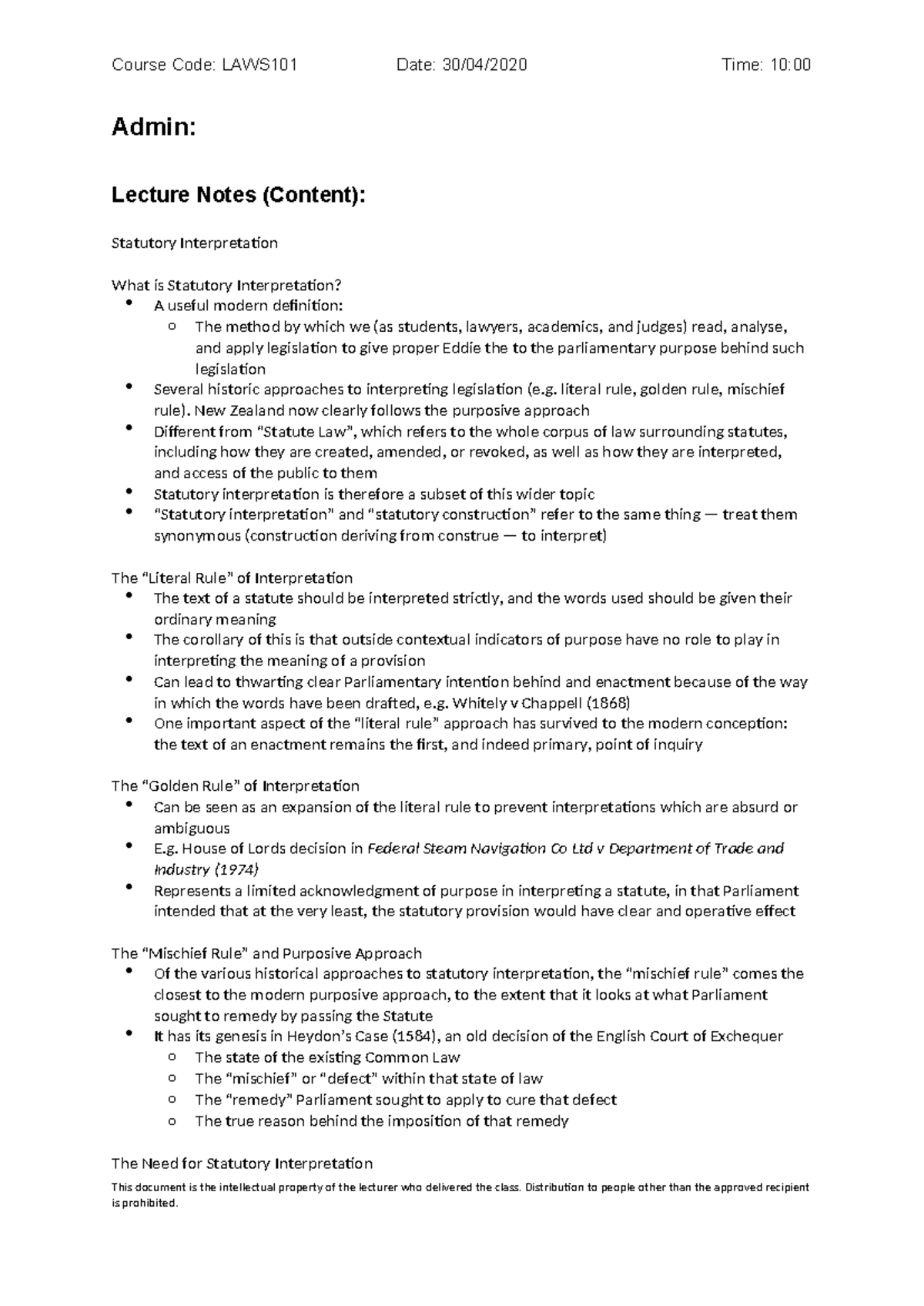 LAWS101 Lecture Notes: Understanding Statutory Interpretation - Studocu