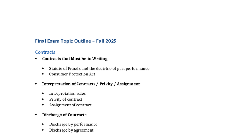 Final Exam Topic Outline Fall 2025: Contracts & Employment Law - Studocu
