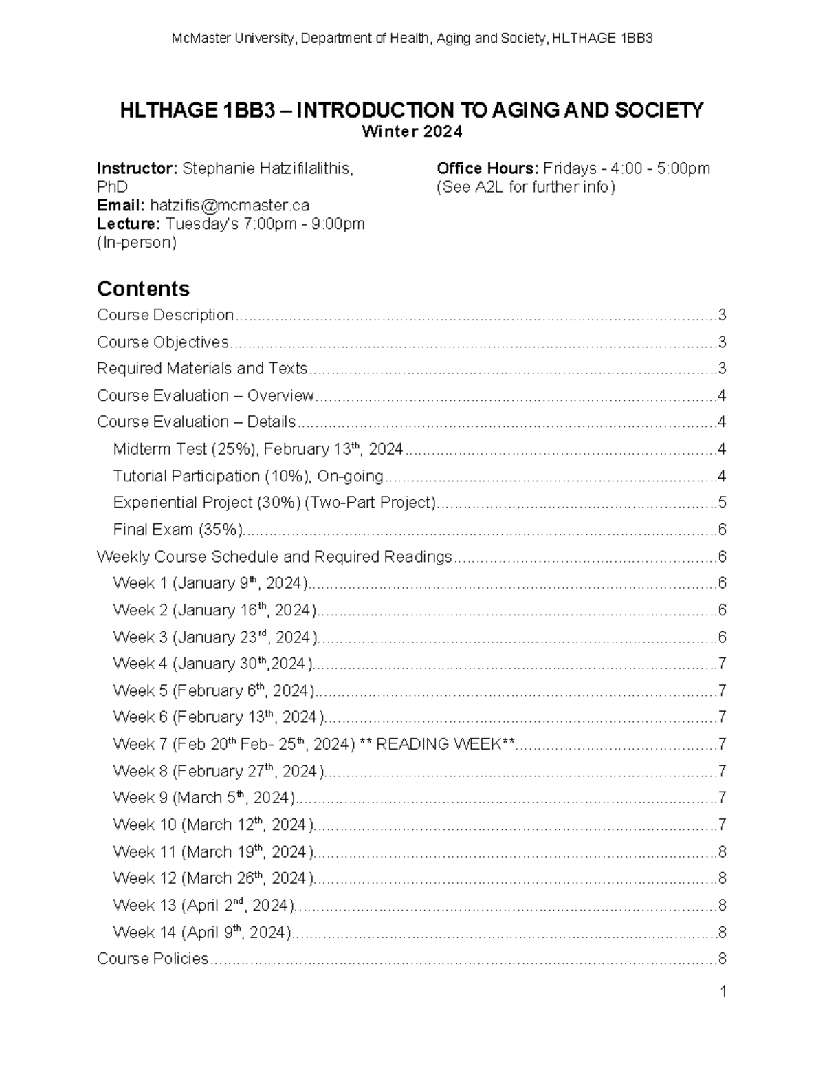 HLTHAGE 1BB3 Introduction to Aging and Society Course Outline Winter ...