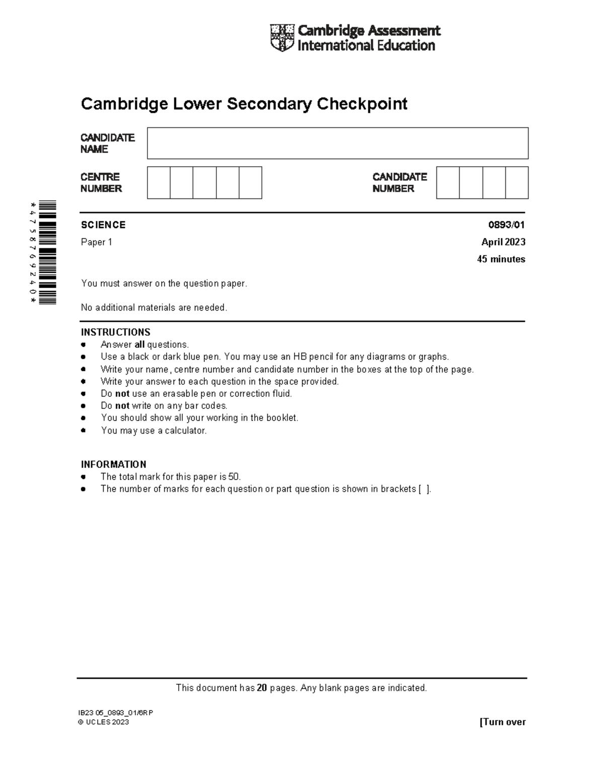 Cambridge Lower Secondary Checkpoint SCIENCE Paper 1 - April 2023 - Studocu