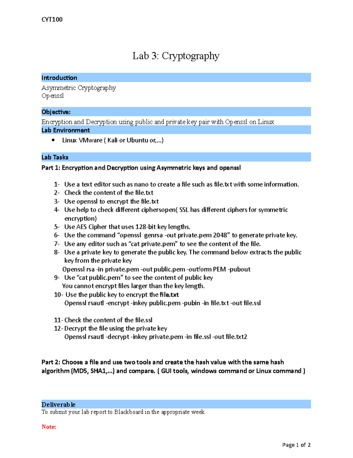 CYT 100 - Lab 3-Crytography (1) - CYT Lab 3: Cryptography Introduction ...