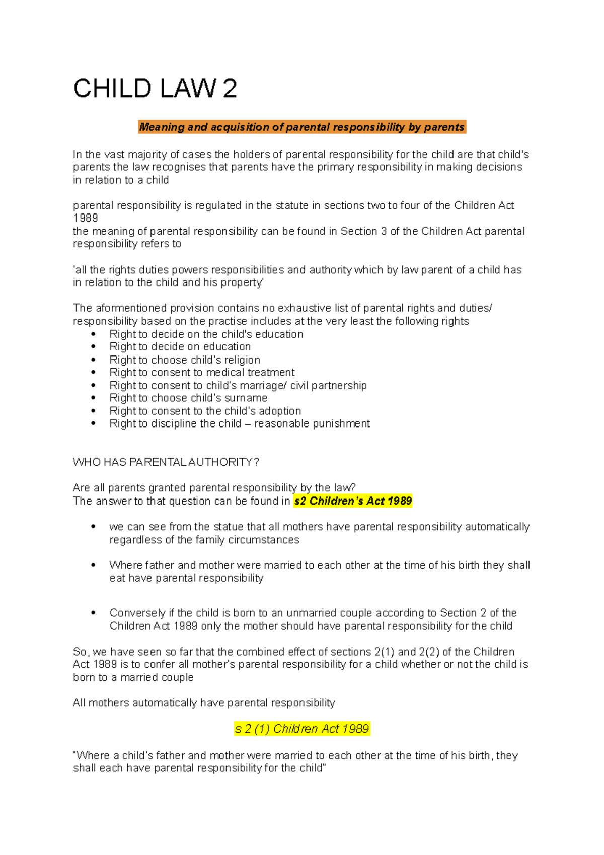 Child Law 2 - CHILD LAW 2 Meaning and acquisition of parental ...
