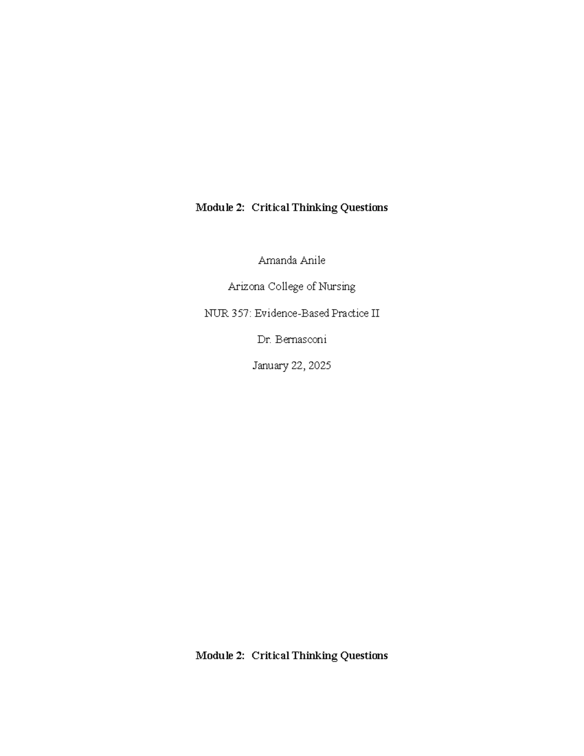 NUR357 Module 2 Critical Thinking Questions Analysis and Insights - Studocu