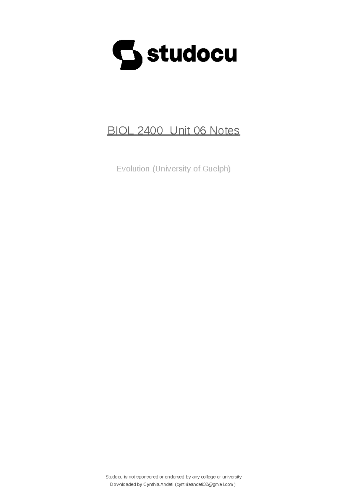 Biol 2400 Unit 06 Notes - Natural Selection and Evolution - Studocu